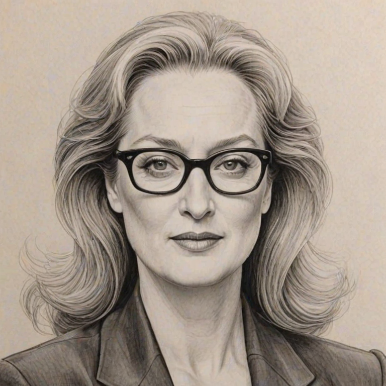 Captivating Meryl Streep, pencil sketch, portrait of Wonderful woman 1972s in glasses, hair style beatnik, outline, clear lines, fine lines, 8k
