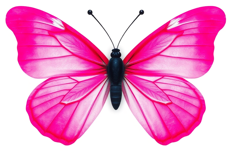 Create an image of a butterfly with vibrant pink wings, featuring a gradient effect that transitions from a deep pink to a lighter shade. The wings should have intricate patterns and a glossy appearance, with a black body and delicate antennae, set against a plain white background.