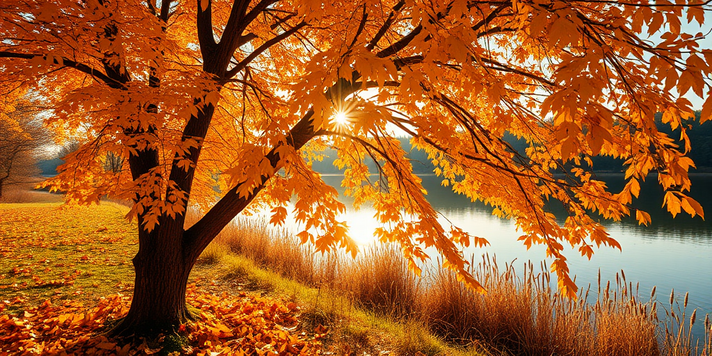 autumn landscape with vibrant yellow leaves on a tree by a calm lake during sunset, sun rays shining through the branches, DSLR, f/8 aperture, ISO 200, 1/200 sec, 24mm wide-angle lens, golden hour lighting, high resolution