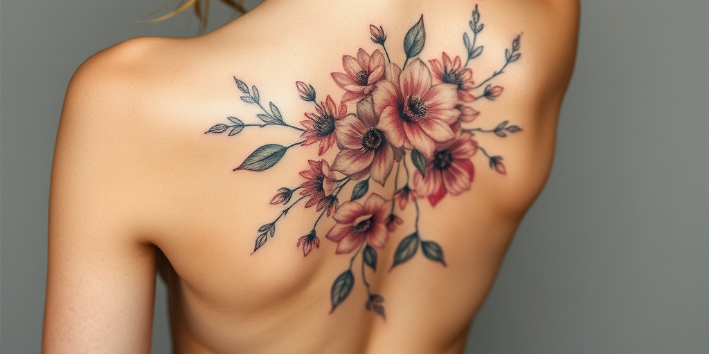 Delicate floral body tattoo cascading down the spine, featuring hyper-realistic botanicals in muted watercolor tones with touches of metallic silver