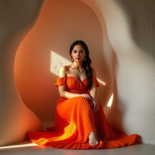 A high-resolution photo of a woman in an orange pleated gown sitting in an organic, sculptural alcove with soft lighting, taken with a Canon EOS R5 at f/1.8, ISO 100, 50mm lens, using natural light to enhance colors and textures.