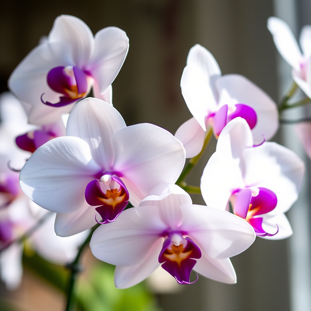 A close-up shot of a cluster of white orchids with purple accents, captured in natural light, with a shallow depth of field to blur the background, using a DSLR camera at f/2.8, 1/200s shutter speed, ISO 100, and a 50mm lens for vibrant colors and sharp details.