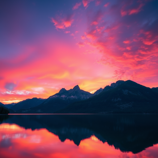 Prompt: a vibrant sunset over a tranquil lake with reflections of mountains in the water, f/8, ISO 100, 1/200s, wide-angle view, DSLR, natural lighting