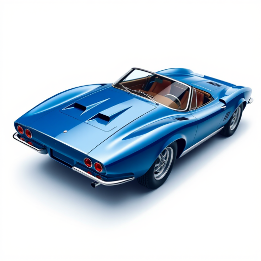 Create a high-resolution digital illustration of a classic blue sports car with a sleek design, focusing on the angular body shape and glossy finish, using a 50mm lens, f/2.8 aperture, ISO 100, top-down view, with a soft focus background to enhance the car's details, in a vector art style.