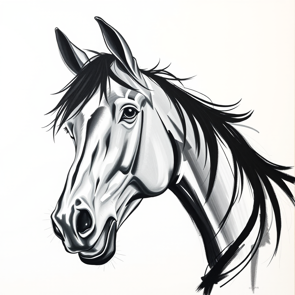 Abstract black and white acrylic portrait of an over exaggerated laughing (horse). Minimalism style. White background.