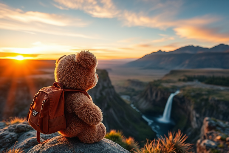 Create a vibrant landscape image of a teddy bear with a backpack overlooking a majestic waterfall and mountains during sunset, use a DSLR camera with a 24mm lens, aperture f/8, ISO 100, and a low angle view to enhance depth and detail.