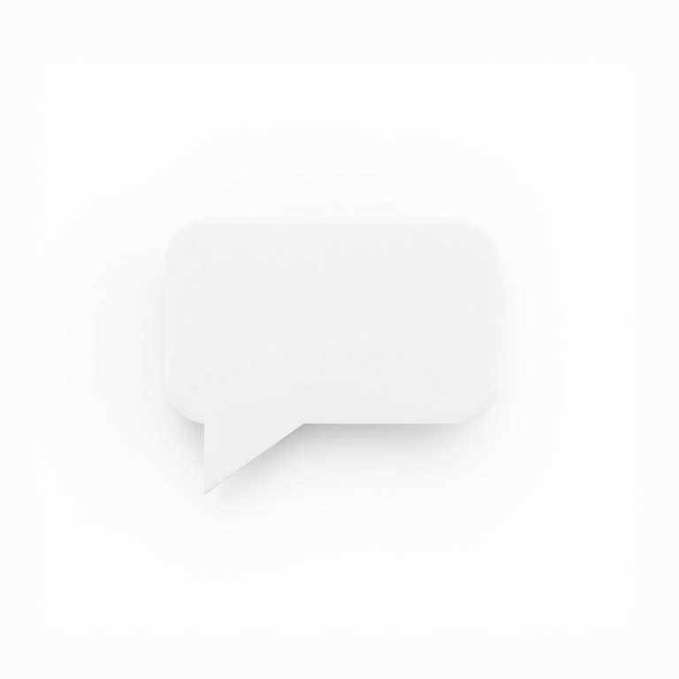 Create a 3D-rendered white speech bubble character on a plain white background, centered in the frame, using a Canon EOS R5 with a 50mm f/1.2 lens, ISO 100, aperture f/1.2, and a shallow depth of field to enhance focus on the character.