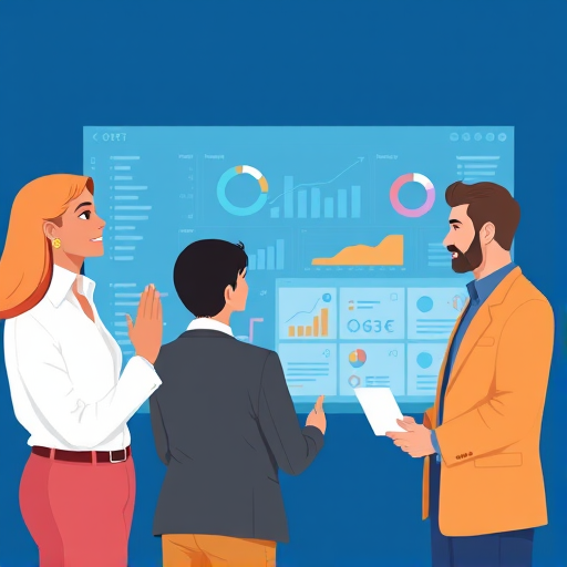 Create a vector illustration of three diverse professionals interacting with a large digital interface displaying data and charts, ensure the background is a smooth deep blue, use a Canon EOS R5 with a 50mm f/1.2 lens, set aperture at f/5.6, shutter speed at 1/125s, ISO 100, in a flat design style.