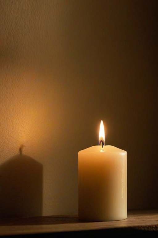 Softly focused image of a single candle flickering in the dark, soft golden light casting long shadows on the walls, with a sense of stillness and calm filling the air.