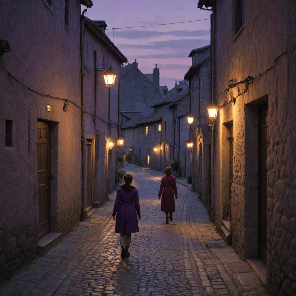 Quiet village at dusk, the sky a deep purple, a woman walks down a narrow cobblestone alleyway, the warm light from windows spilling onto the street as she passes by.
