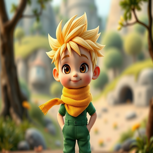 Generate a high-resolution image of a cartoon character resembling a young boy with spiky blonde hair and a yellow scarf, wearing a green jumpsuit, standing in a whimsical landscape background, use a DSLR camera, aperture f/2.8, ISO 100, 50mm lens, soft focus for artistic effect.