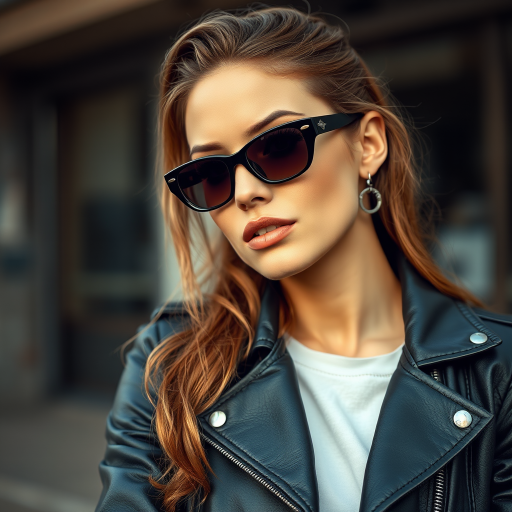 Outdoor shot, stunning female model, vintage leather jacket, sunglasses, cinematic effect, Position the camera at the model’s eye level using a 35mm f/1.4 lens