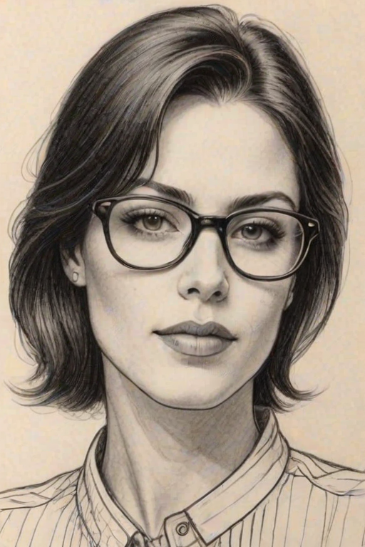 Wonderful Michelle Borth, pencil sketch, portrait of Attractive woman 1980s in glasses, hair style beatnik, outline, clear lines, fine lines, 8k