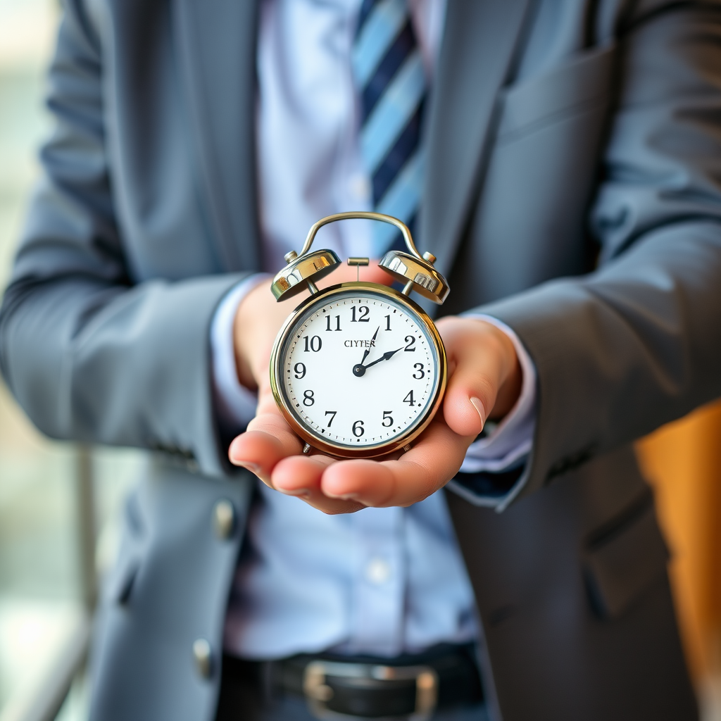 A person in business attire holding a classic round clock in their palm, with a shallow depth of field, f/2.8 aperture, ISO 100, 50mm lens, soft natural lighting, taken with a DSLR camera from a slightly elevated angle to create a professional look.