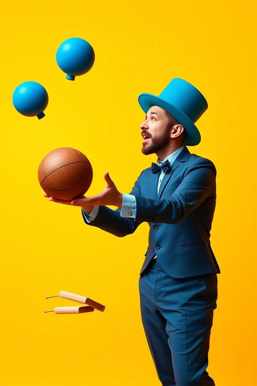 Create a vibrant illustration of a juggler performing with a brown sphere and blue props on a bright yellow background, captured with a Canon EOS R5, 50mm lens, f/2.8 aperture, ISO 100, with a shallow depth of field for emphasis on the subject.