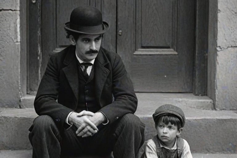 A black-and-white photograph of a man and a child sitting on steps in front of a doorway. The man is dressed as a tramp with a bowler hat, mustache, and ragged clothes, reminiscent of Charlie Chaplin's iconic look. He is sitting with his arms crossed and an expression of slight sadness or frustration. Next to him is a young boy, also in worn clothes and a cap, sitting with his hands clasped, looking thoughtful. The background is an old, textured wall and a partially open door, creating a vintage, early 20th-century atmosphere.