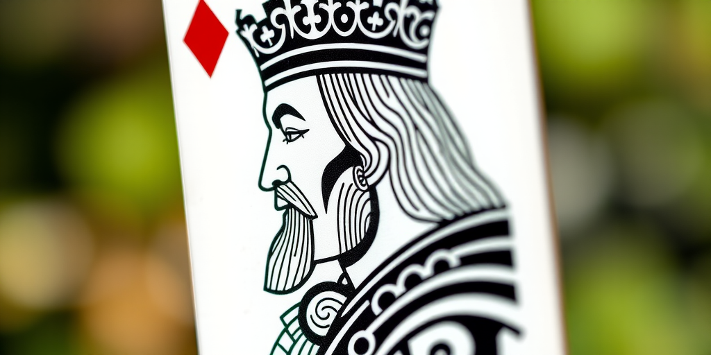 Create a high-resolution profile illustration of a king playing card with intricate line details, shot with a 50mm lens at f/2.8 aperture, using a DSLR camera in a soft natural light setting, focusing on fine textures and contrast.