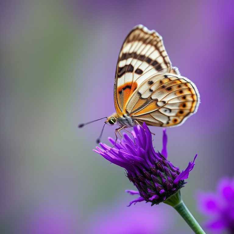 Create a close-up image of a butterfly perched on a vibrant purple flower. The background should have a soft, blurred effect to emphasize the butterfly and the flower. The butterfly should display intricate patterns and colors, while the flower should have a rich texture and deep purple hues.