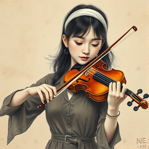 a young Korean woman with a white headband playing a violin, in the style of a charcoal drawing, sepia grunge background