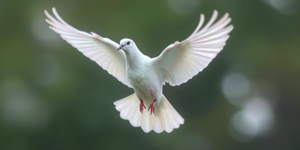 Create a high-resolution illustration of a white dove in mid-flight with detailed feathers, using a Canon EOS R5 camera, 85mm lens, f/2.8 aperture, ISO 100, and a soft-focus background to enhance the subject's prominence.