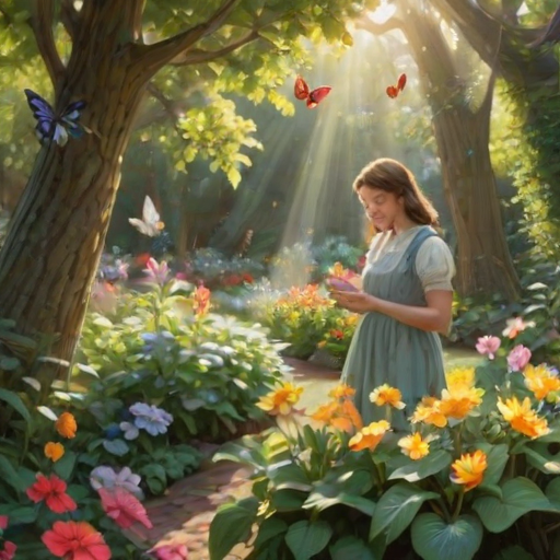 Peaceful garden scene, a woman tending to her flower beds, butterflies fluttering around, and sunlight filtering through the leaves of tall trees overhead.