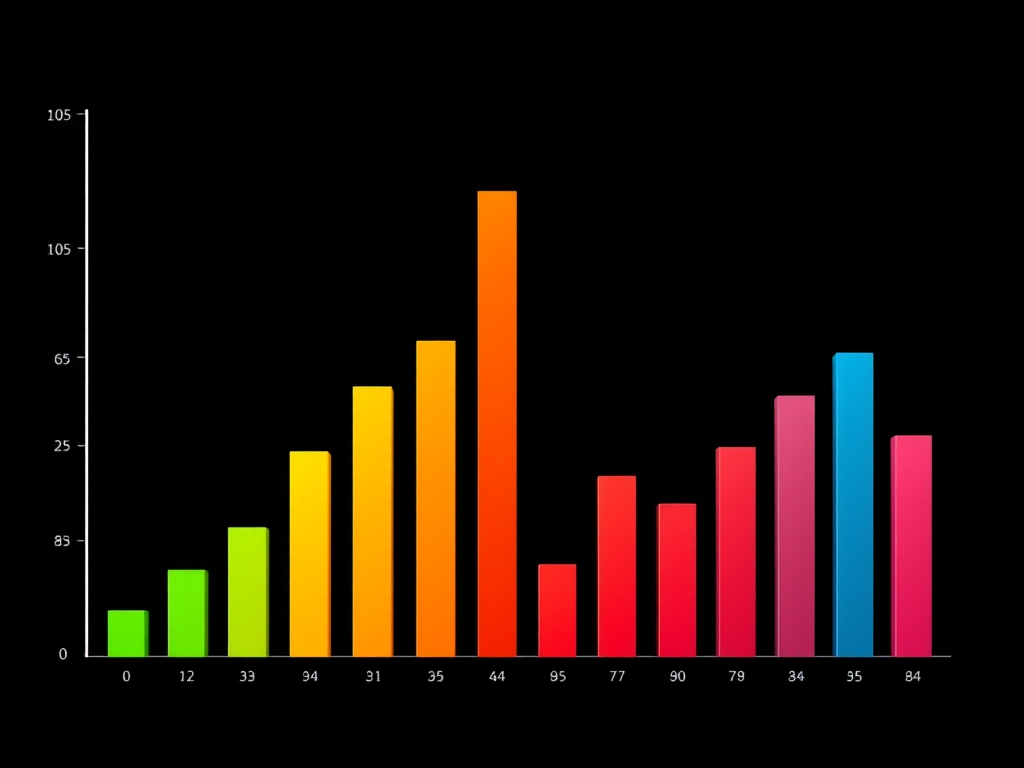 Create a high-resolution digital illustration of colorful bar graphs with vibrant green, blue, orange, and red bars on a black background, using a Canon EOS R5, f/8 aperture, ISO 100, 50mm lens, and a top-down angle for a clear view.