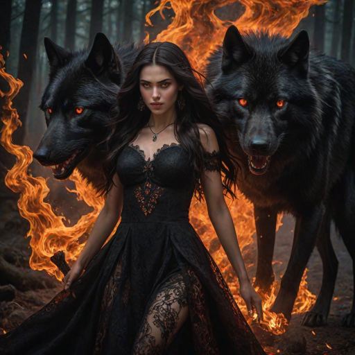A woman with long dark hair, wearing a black lace dress that seamlessly blends into her skin with intricate floral patterns. She is in the foreground, with a black wolf beside her; its fur is midnight black, and it has glowing, intense, orange eyes that match hers. Her eyes are partially closed with burning embers above them, giving a fiery and mystical aura. The background is engulfed in tall, roaring flames, contributing to an overall dark and supernatural atmosphere. The colors are intense, predominantly black, fiery orange, and deep reds, with sharp contrast highlighting the mysterious and fierce theme. The flames are bright and dynamic, casting dramatic light and shadow, illuminating the woman and wolf while leaving parts in near darkness. The image evokes a sense of otherworldly power and connection between the woman and the wolf.