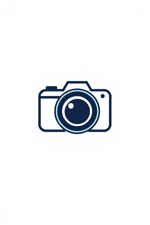 Generate a high-quality logo design with a minimalist style featuring a camera icon where the lens is the central focus, using a DSLR camera with a 50mm lens, f/1.8 aperture, ISO 100, and a shallow depth of field for a clean background, shot from a straight-on perspective.