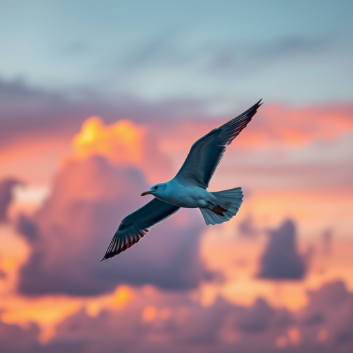 Capture a seagull in flight against a vibrant sunset sky with pink and orange hues, using a Canon EOS 5D Mark IV, 50mm lens, aperture f/2.8, shutter speed 1/2000 sec, ISO 200, with a slight tilt to emphasize the bird's wings and the dramatic clouds.