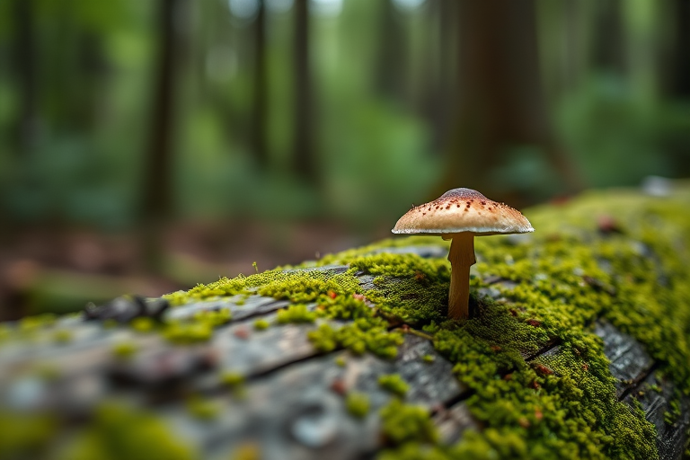 macro shot of a mushroom growing on a moss-covered log with a blurred forest background, aperture f/2.8, shutter speed 1/200s, ISO 100, focus on the mushroom, Canon EOS R5, 100mm macro lens