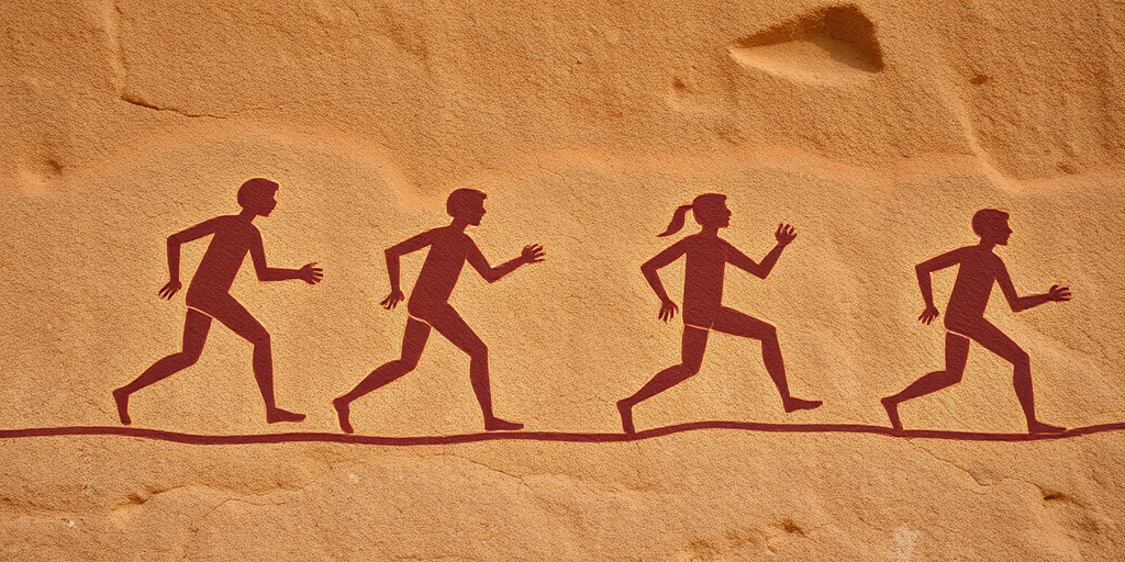 regenerate the image of ancient rock art depicting human figures in motion on a textured stone background, use a DSLR camera with an aperture of f/8, shutter speed of 1/60s, ISO 200, shot from a low angle to capture the details of the texture, use a natural lighting style to enhance the contrast between the figures and the rock surface