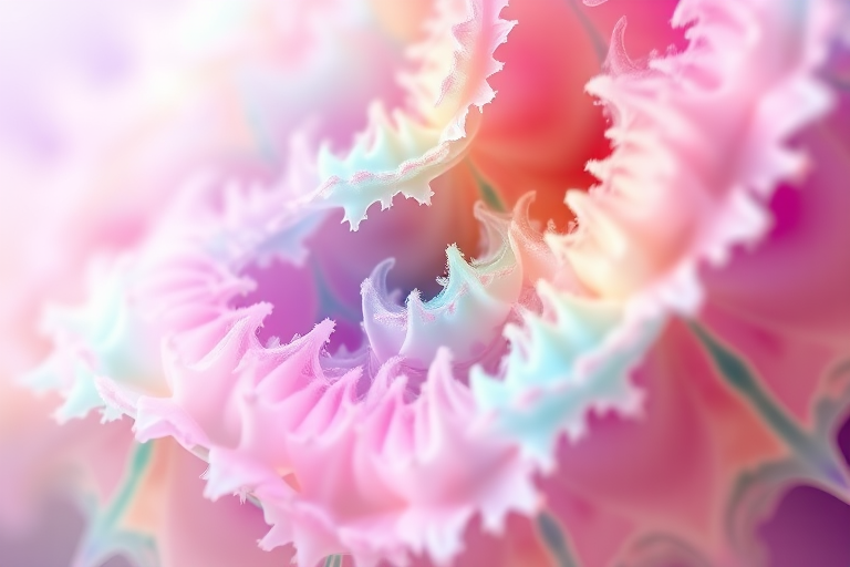 Create a vibrant abstract fractal image with pastel colors, using a DSLR camera with a 50mm lens, aperture f/2.8, ISO 100, and a slight soft focus to enhance the dreamy effect.