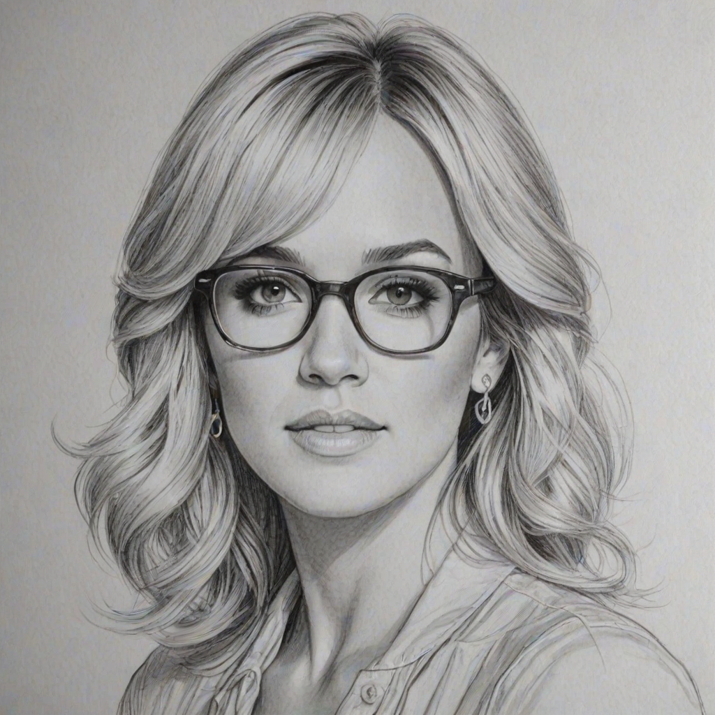Alluring Carrie Underwood, pencil sketch, portrait of Fetching woman 1980s in glasses, hair style beatnik, outline, clear lines, fine lines, 8k
