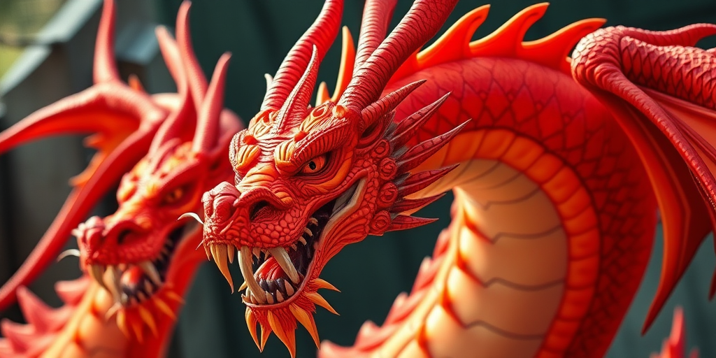 Create a highly detailed illustration of a vibrant, mythical multi-headed dragon with bright orange and red tones, using a Canon EOS R5 camera, 50mm lens, f/1.8 aperture, 1/200s shutter speed, and soft natural lighting to enhance colors and textures.