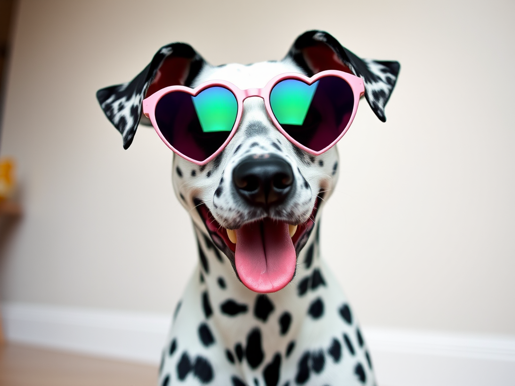 A stylish Dalmatian dog wearing heart-shaped sunglasses sitting indoors with a light background and a playful expression