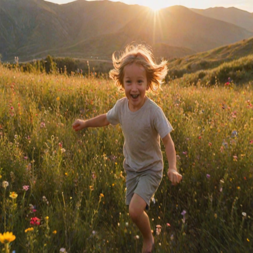 Blurry, fast-paced photo of a child running through a field of wildflowers at sunset, their laughter frozen in the moment, the golden light of the setting sun casting long shadows on the grass, a soft breeze rustling the flowers, distant mountains visible on the horizon.