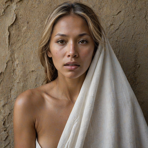 Create a close-up photographic image of a Native American woman with light skin tones shown against an old, worn wall. Their head is wrapped in a white cloth covering (i.e.... parts of the head except the nose and mouth, which are open as if they are screaming...), with a slight texture and visible folds in the fabric. Thin strands of blonde hair escape from the wrapping above, falling lightly at the top and sides. Their hands hold the fabric as if they are tugging nervously. The lighting is dramatic and even, casting strong shadows. The image has a minimalist and surreal style with an emphasis on simplicity with soft color tones. The composition is centered.