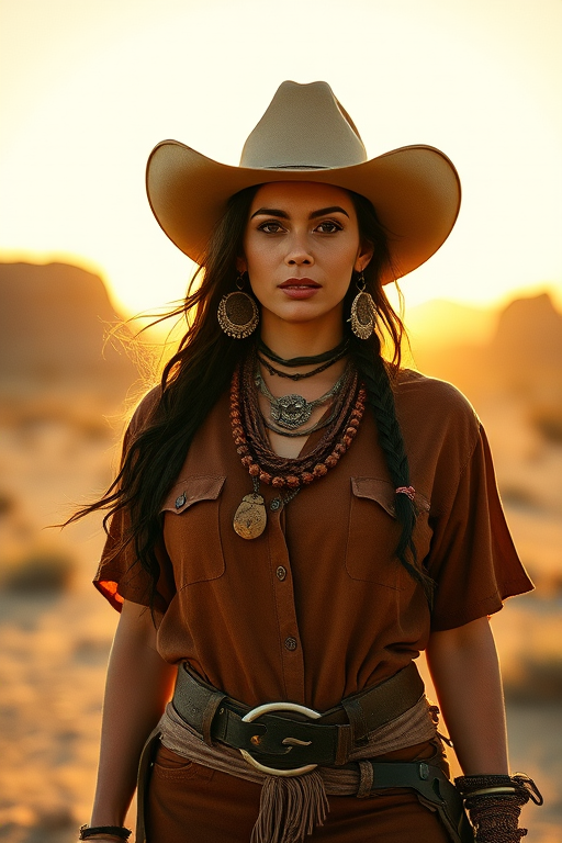 Dramatic photo of a beautiful taino woman, classic cowboy attire, confident and free spirit expression, half-length portrait, centered, golden hour desert landscape, warm, diffused light, low angle, medium format film camera, in style of Annie Leibovitz.