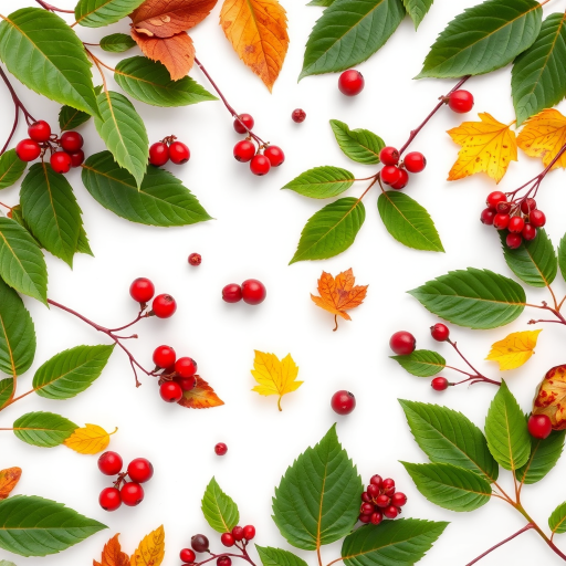 Create a vibrant floral pattern featuring various leaves and berries on a white background, captured with a DSLR camera at ISO 100, f/8 aperture, 50mm lens, natural light, and a top-down view to enhance color contrast and detail.
