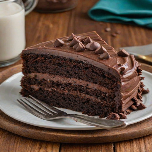 Generate an image of a slice of decadent chocolate cake with rich chocolate frosting on a white plate. The cake should have multiple layers, with a smooth texture and chocolate chips on top. Include a fork next to the plate with a small bite taken out of the cake. The background should have a warm wooden surface and a hint of a teal cloth.