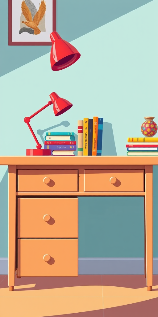 Create a vibrant vector illustration of a stylish desk with six drawers, a red lamp, a stack of colorful books, and a decorative item, using a close-up view, sharp focus, 24mm lens, f/2.8 aperture, and bright lighting to enhance image quality.