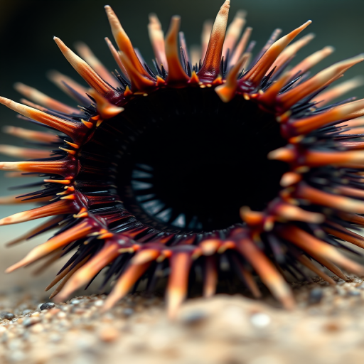Generate an artistic representation of a sea urchin with sharp spikes and a dark center, using a macro lens, f/2.8 aperture, 1/200 second shutter speed, and a shallow depth of field for enhanced detail, in a digital illustration style.