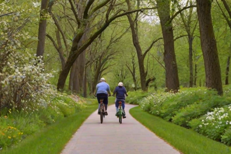 Scenic bicycle path winding through a picturesque park, families riding together, with blooming flowers lining the trail and the sound of laughter filling the air.