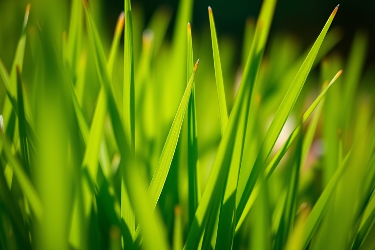 Generate a vibrant image of green grass blades with a macro camera view, f/2.8 aperture, ISO 100, shutter speed 1/200s, using a DSLR camera to enhance image quality and detail.