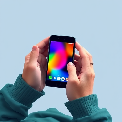Create a digital illustration of a person's hands holding a smartphone with a colorful interface, shot from a top-down perspective, using a 50mm lens at f/2.8 aperture, 1/200s shutter speed, and ISO 100 for clarity and sharpness.
