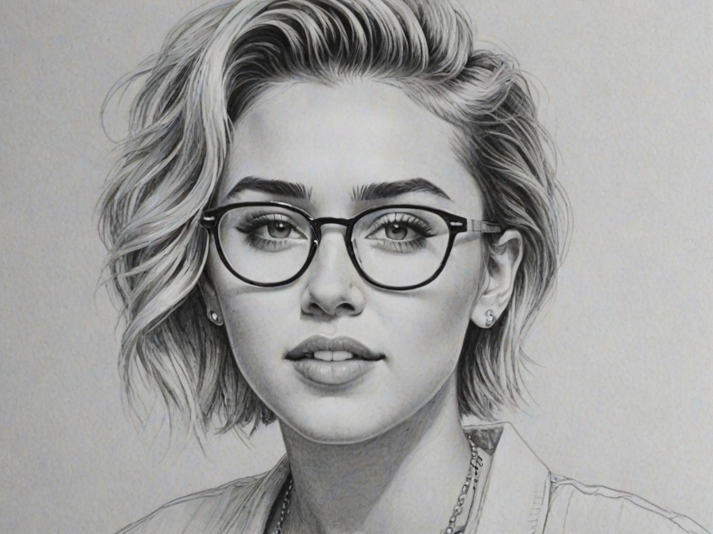 Delightful Miley Cyrus, pencil sketch, portrait of Superb woman 1955s in glasses, hair style beatnik, outline, clear lines, fine lines, 8k