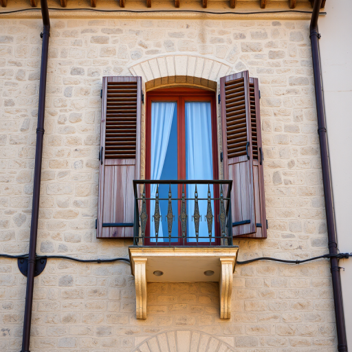 Generate a high-resolution image of an old stone building with wooden shutters, featuring a balcony with sheer curtains, captured with a DSLR camera, 50mm lens, f/8 aperture, 1/200 sec shutter speed, and natural lighting to enhance texture and detail.