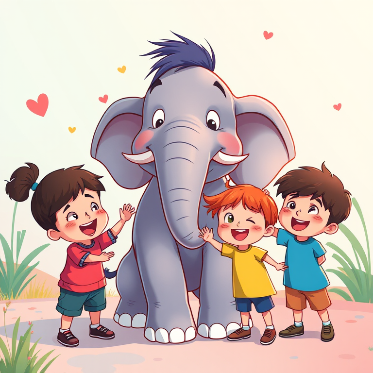 Create a vibrant cartoon illustration of children interacting joyfully with a cartoon elephant, featuring a playful background in bright colors, using a digital art style with high saturation, sharp focus, and a wide-angle lens effect, simulated using a Canon EOS 5D Mark IV at f/8, ISO 100, 1/200s.