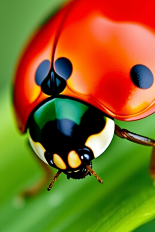Create a vibrant digital illustration of a colorful ladybug with a segmented shell featuring red, green, yellow, and blue sections, using a 50mm lens at f/2.8, in macro photography style, taken with a DSLR camera for enhanced detail and clarity.