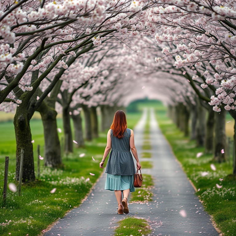 Serene countryside road, lined with blooming cherry trees, a woman walks slowly down the path, the pink petals floating through the air around her.